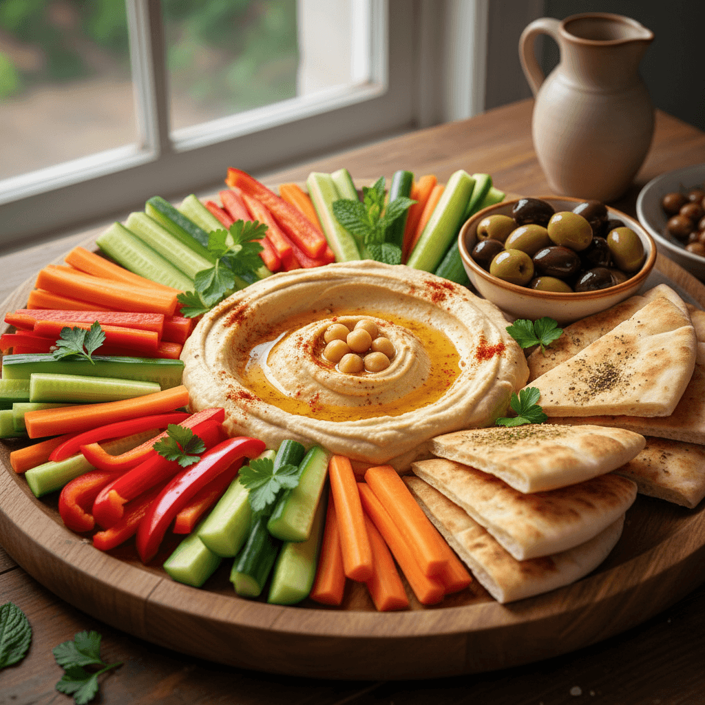 Mezze platter with mixed dips and fresh vegetables