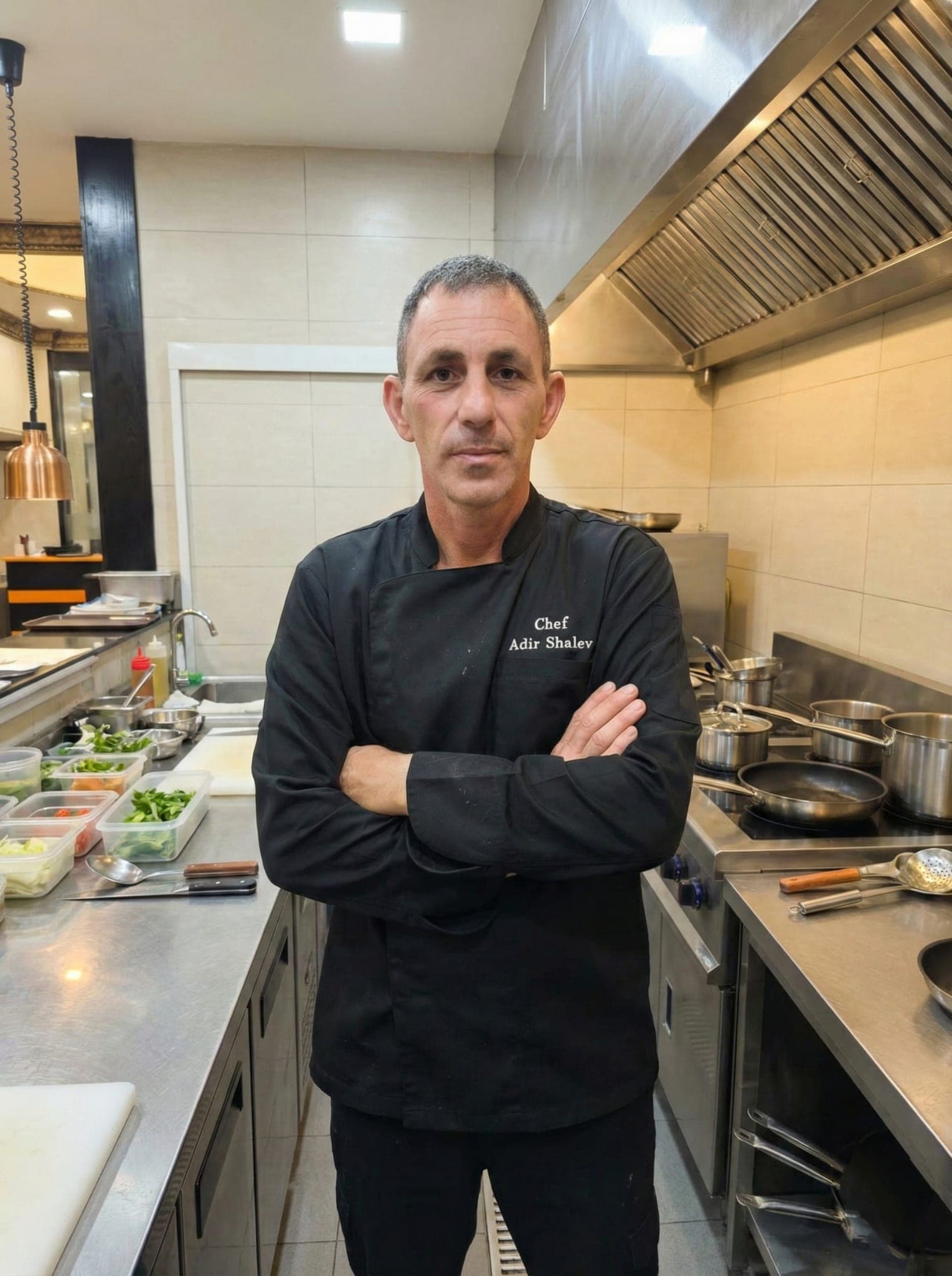 Chef Adir Shalev, in black uniform, stands confidently in a busy professional kitchen.
