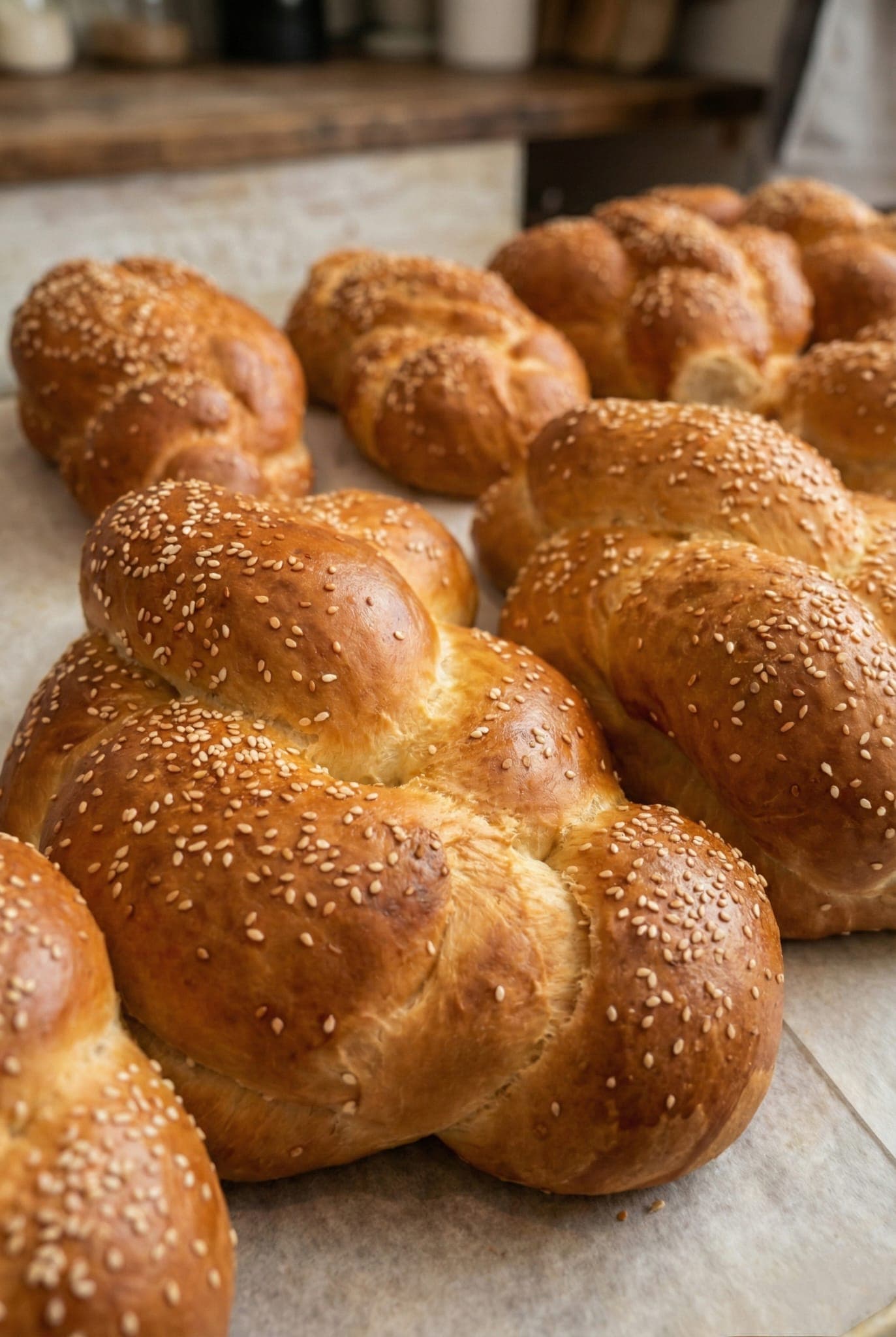 Freshly baked golden challah loaves, braided and sprinkled with sesame seeds, on parchment paper.